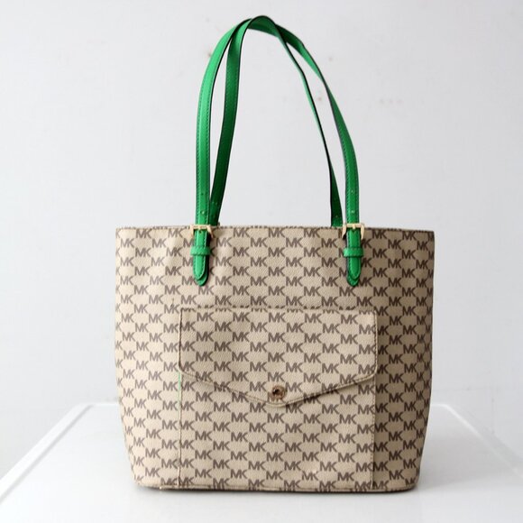 Michael Kors Monogram Canvas Tote Bag with Green Leather Handles - Picture 3 of 16